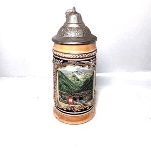 Original Gerzit  Vintage German Interlaken Jungfrau Pewter Lid Beer Stein
